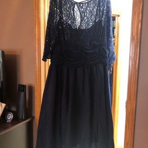 New with tags.  Ladies size 22 lace/sequins mid calf formula dress. Navy Blue